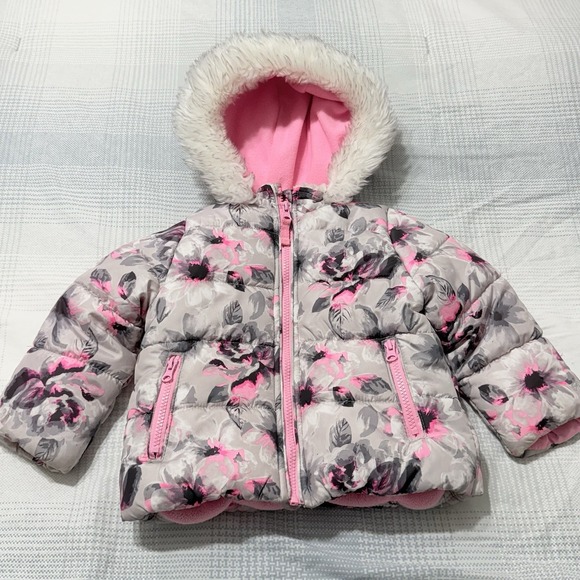 OshKosh B’gosh Other - OshKosh B'gosh Girls Floral Puffer Coat 2T Pink Gray Hooded